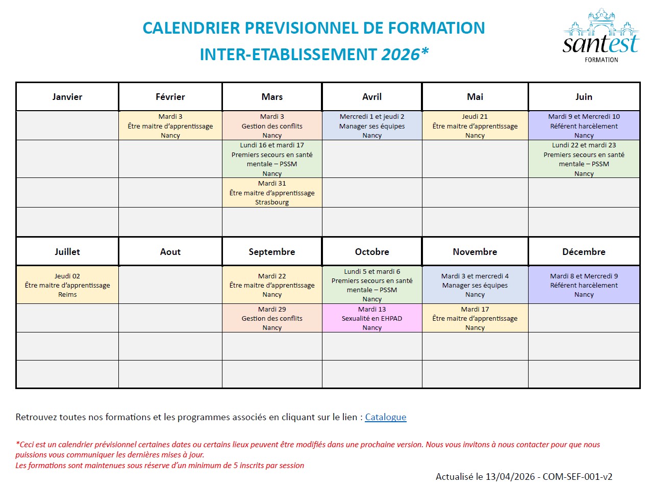 Calendrier prévisionnel 13042026